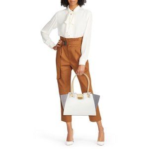 ZAC Ivory Cream off white Gray light yellow nude beige Gold Logo Leather Satchel